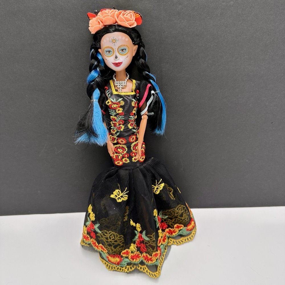 Day of the Dead Catrina Doll 12" Sugar Skull Floral Dress Unbranded Read See